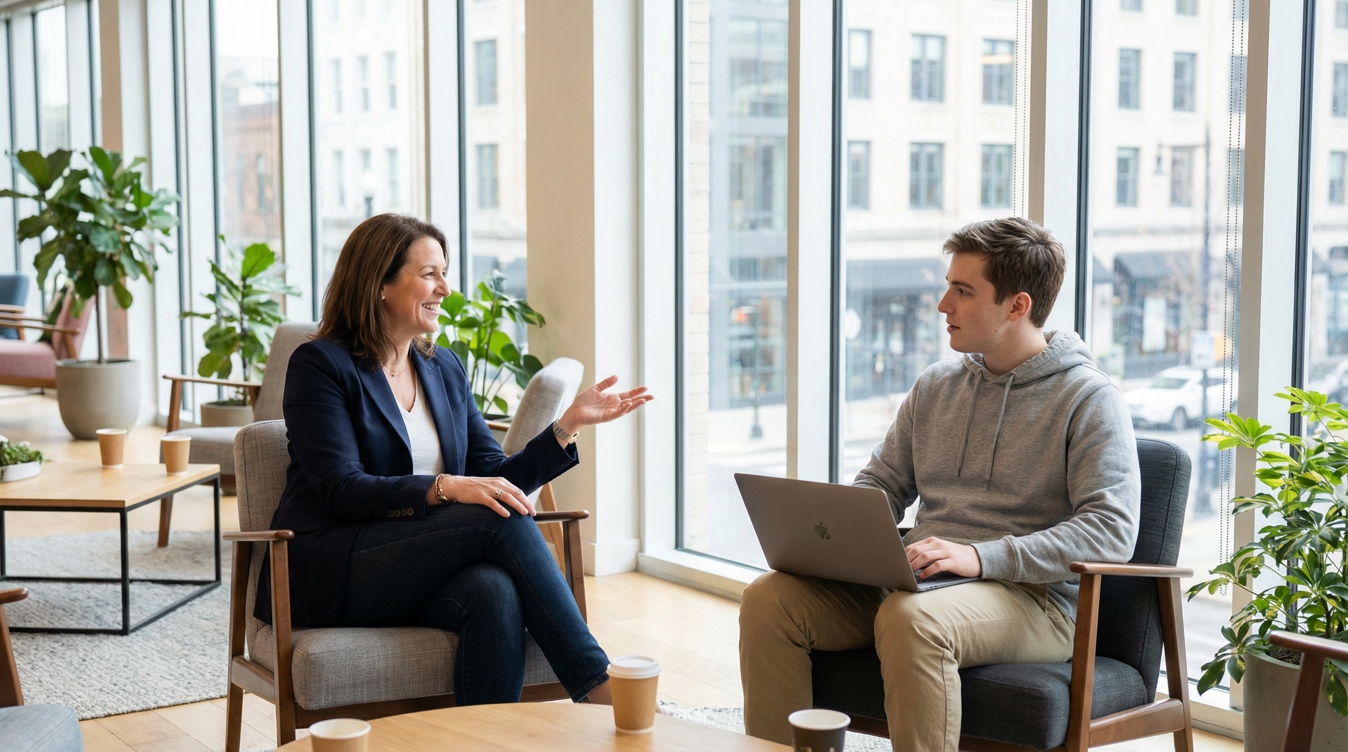 CHRO conversando con founder de startup en ambiente profesional y cercano